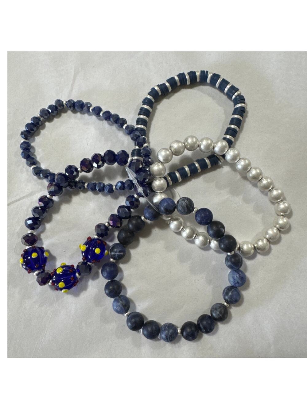 Five Stretch Bracelets Blue & Silver Tone Beads Worn Separately or Together